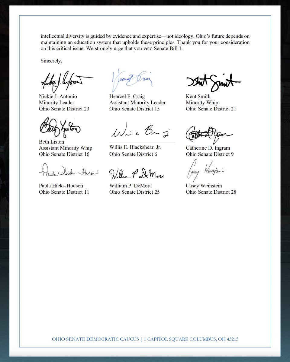 The Ohio Senate Democratic Caucus sent a letter to the governor urging him to use his executive power to veto Senate Bill 1.

Read the full letter below. ⬇️