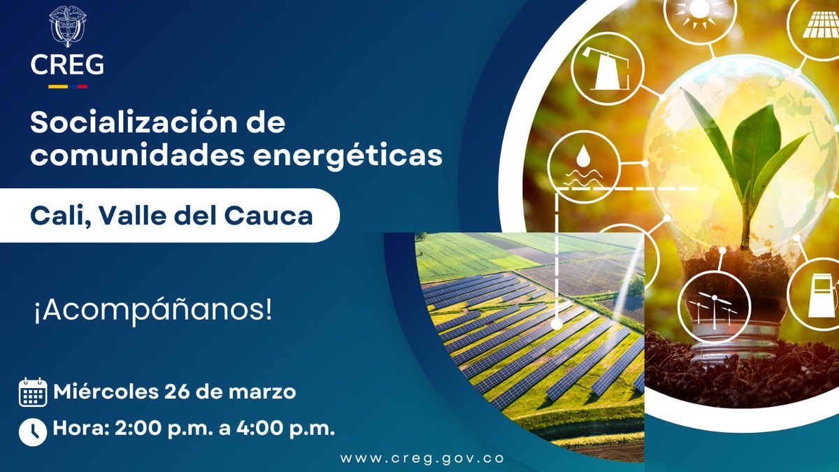 🔴#EnVivo | 💬👥Continuamos desde #Cali, ahora con la socialización sobre las comunidades energéticas y su regulación.

💡🌃 Hablaremos, entre otras cosas, de los mecanismos para liquidar los excedentes de energía, las condiciones de medida, los contratos de respaldo y mucho más.