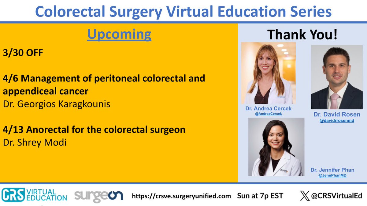 CRSVirtualEd (@crsvirtualed) on Twitter photo We've had some fantastic talks in the month of March! Thank you to <a href="/JennPhanMD/">Jenn Phan MD</a> , <a href="/davidrrosenmd/">David Rosen</a> , and <a href="/AndreaCercek/">Andrea Cercek</a> !
π Coming soon π€©
~ Management of peritoneal colorectal and appendiceal cancer
~Anorectal for the colorectal surgeon
~Lateral lymph node dissection
#CRSVE We've had some fantastic talks in the month of March! Thank you to <a href="/JennPhanMD/">Jenn Phan MD</a> , <a href="/davidrrosenmd/">David Rosen</a> , and <a href="/AndreaCercek/">Andrea Cercek</a> !
π Coming soon π€©
~ Management of peritoneal colorectal and appendiceal cancer
~Anorectal for the colorectal surgeon
~Lateral lymph node dissection
#CRSVE