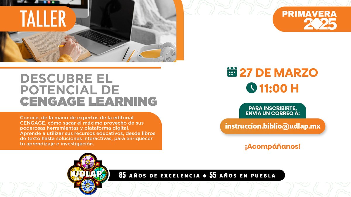 biblioUdlap's tweet image. ⚠️Aún estas a tiempo de registrarte al taller con #CengageLearning
Envía un correo a instruccion.biblio@udlap.mx para obtener tus códigos de acceso.
