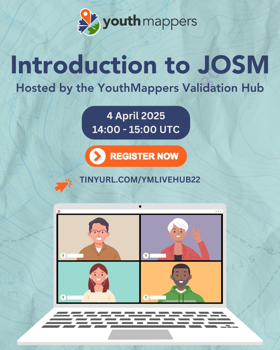 🗺️ Ready to level up your mapping skills?

Join us for the Validation Hub's "Introduction to JOSM" training webinar on Friday, April 4, 2025 from 14:00–15:30 UTC!  🌍💻

👉 Register now: tinyurl.com/YMLiveHub22

#YouthMappers #JOSM #OpenStreetMap