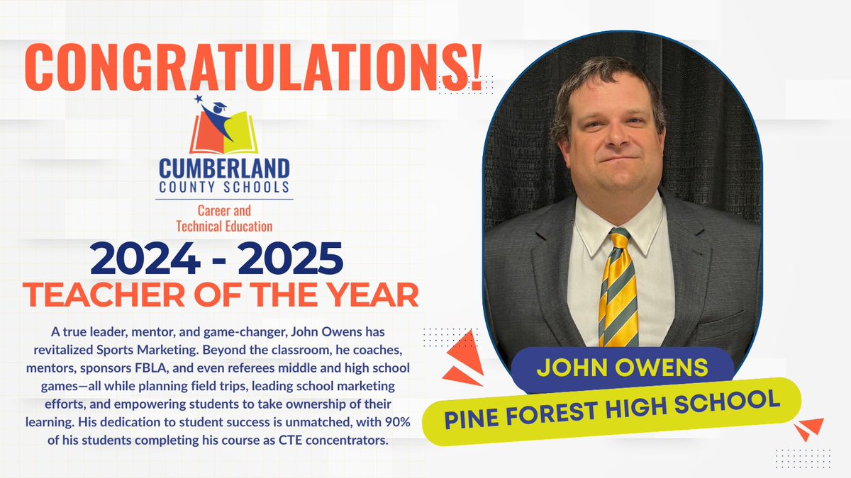 CCSCTE (@cte_ccs) on Twitter photo Congratulations to Mr. John Owens of <a href="/PineForest28311/">Pine Forest 28311</a> on being named the <a href="/CumberlandCoSch/">Cumberland County Schools</a> CTE Teacher of the Year! Congratulations to Mr. John Owens of <a href="/PineForest28311/">Pine Forest 28311</a> on being named the <a href="/CumberlandCoSch/">Cumberland County Schools</a> CTE Teacher of the Year!