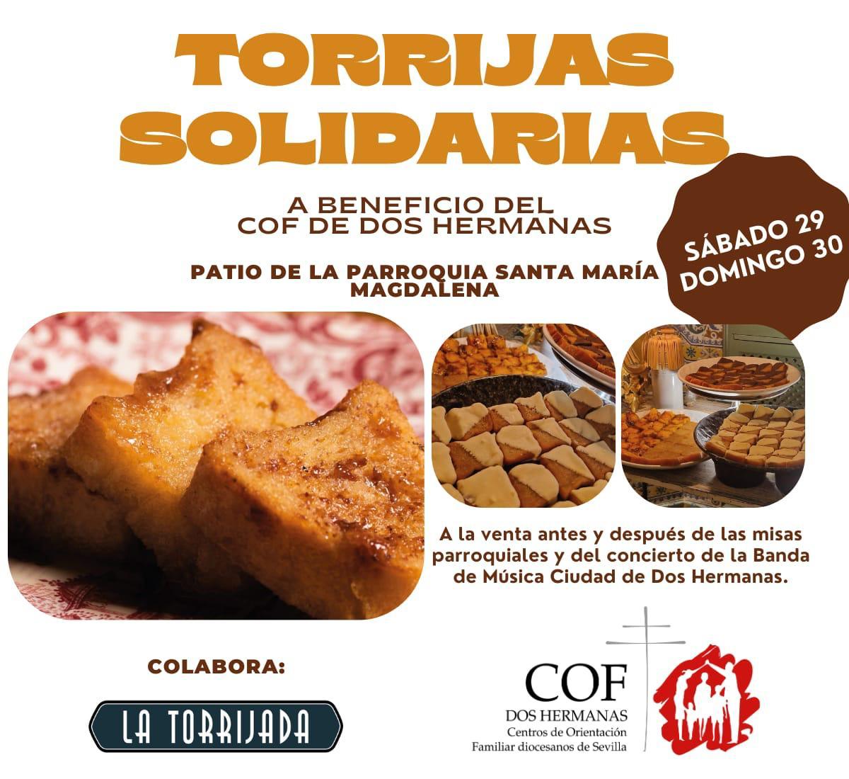 TORRIJAS SOLIDARIAS |
Este fin de semana, antes y después de las misas parroquiales del sábado y domingo, así como del concierto de la <a href="/bmciudaddoshnas/">BM Ciudad de Dos Hermanas</a>, se pondrán a la venta torrijas en el patio de nuestra parroquia a beneficio del <a href="/COF2H/">COF Dos Hermanas</a>.