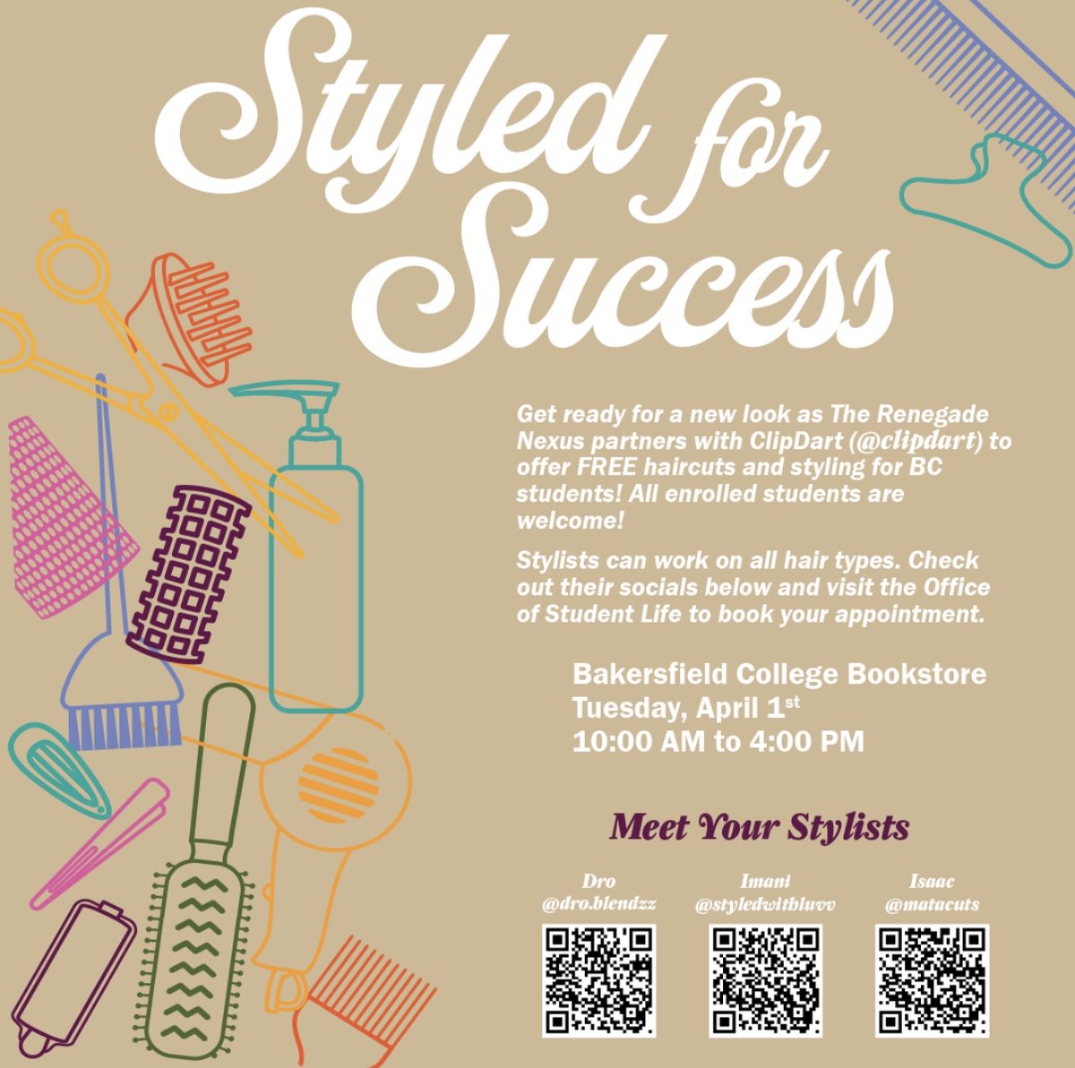 BCSGA's tweet photo. Get a fresh new look at Styled for Success! ✂️ The Renegade Nexus &amp; ClipDart are offering FREE haircuts &amp; styling for BC students! Join us on April 1st, 10 AM - 4 PM at the BC Bookstore. Book your spot at the Office of Student Life. #StyledForSuccess #BCRenegadeNexus #Freehaircut https://t.co/XHkCs9ELfP