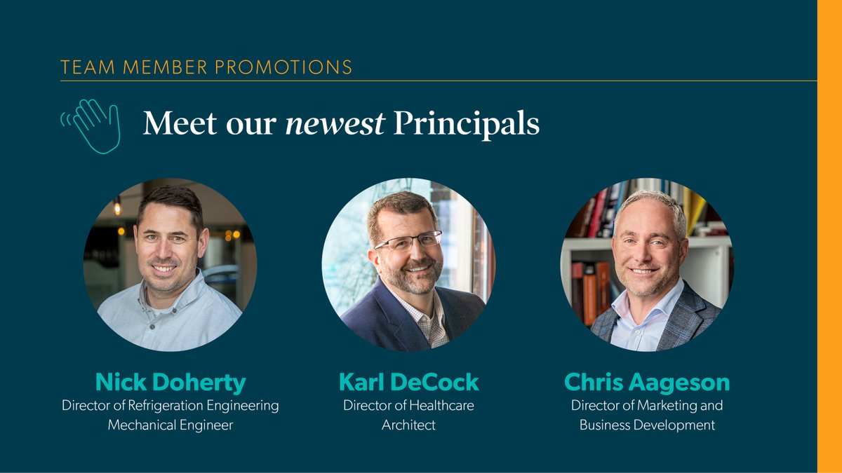 Cushing_Terrell's tweet photo. Please join us in celebrating the promotion of three team members—Chris Aageson, director of marketing and business development; Karl DeCock, director of healthcare design; and Nick Doherty, director of refrigeration engineering—to principal-level leadership roles with the firm! https://t.co/1BxpdYb4LA