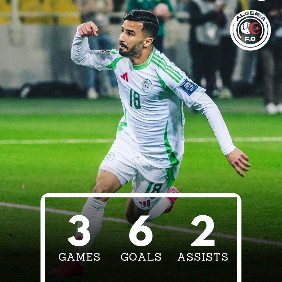 🇩🇿 Mohamed El Amine Amoura in his last 3 games for Algeria:

⏱️ 191 minutes
⚽️ 6 goals
🎯 2 assists
📊 3.77 Goals + Assists per 90 minutes 

Incredible. 🌟