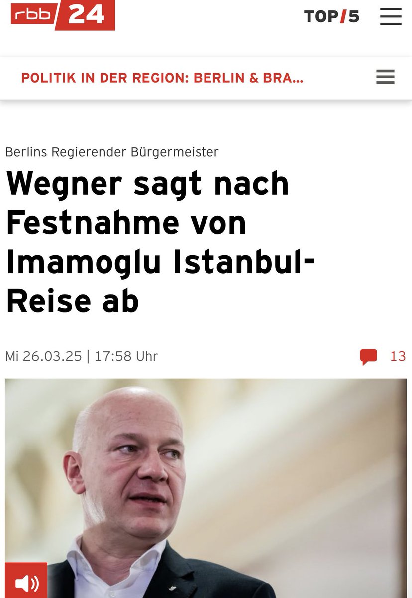 Üzücü.

Berlin Belediye Başkanı <a href="/kaiwegner/">Kai Wegner</a>, İstanbul’da İmamoğlu’na yapacağı ziyareti iptal etti.

Sebep <a href="/ekrem_imamoglu/">Ekrem İmamoğlu</a>’nun tutuklu olması.

rbb24.de/politik/beitra…