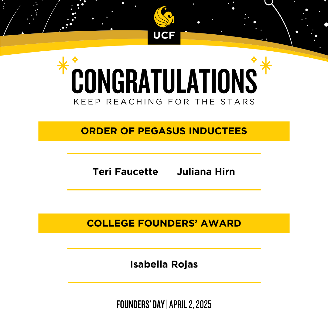 This Founders’ Day, three #UCFCCIEKnights are being recognized for their exceptional achievements. Teri Faucette and Juliana Hirn are Order of Pegasus inductees, and Isabella Rojas received the College Founders’ Award. Congratulations! ✨

ucf.edu/news/2025-orde…