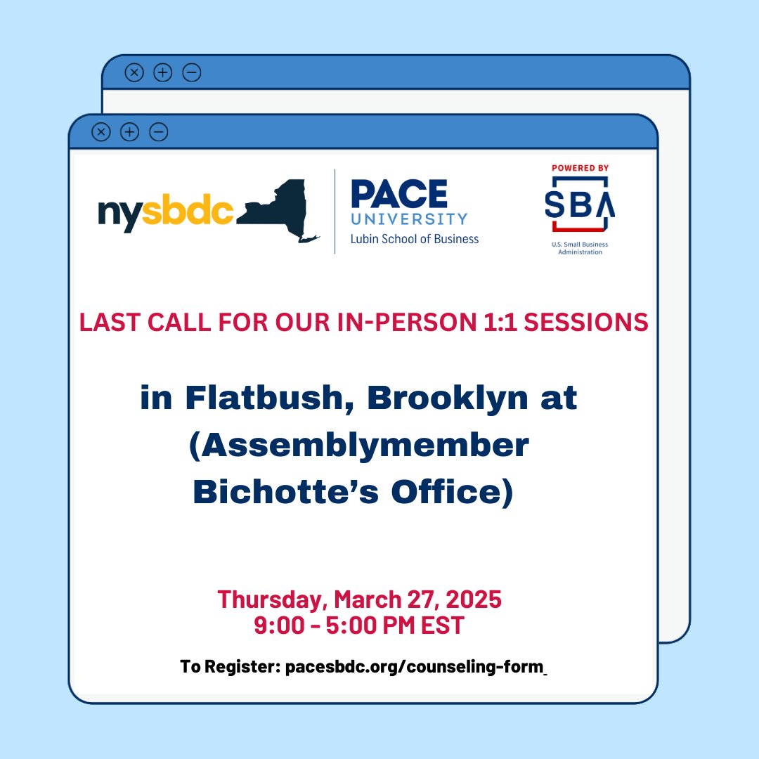 Don’t miss your chance for a 1:1 session with our team this Thursday, March 27 from 9 AM to 5 PM! Secure your appointment by registering on our website. Limited slots available!

Register now to lock in your spot!

#NYPL #BPL #SmallBusiness #NYSBDC #Paceu #pacesbdc #nycbusiness