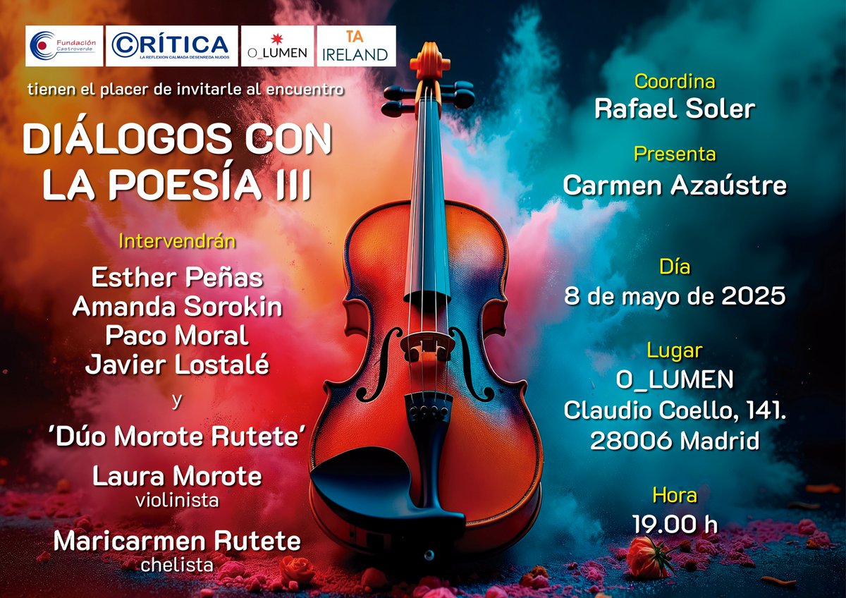 📣 El próximo 8 de mayo, tendrá lugar la 3ª edición de 'Diálogos con la poesía', coordinado por Rafael Soler y presentado por Carmen Azaústre.

🎤🎻Habrá 4 intervenciones de poetas y una musical

📍 O_LUMEN / C/ Claudio Coello, 141 (Madrid)
⏰ 19:00h

<a href="/Revis_Critica/">Revista Crítica</a>

#ITespaña