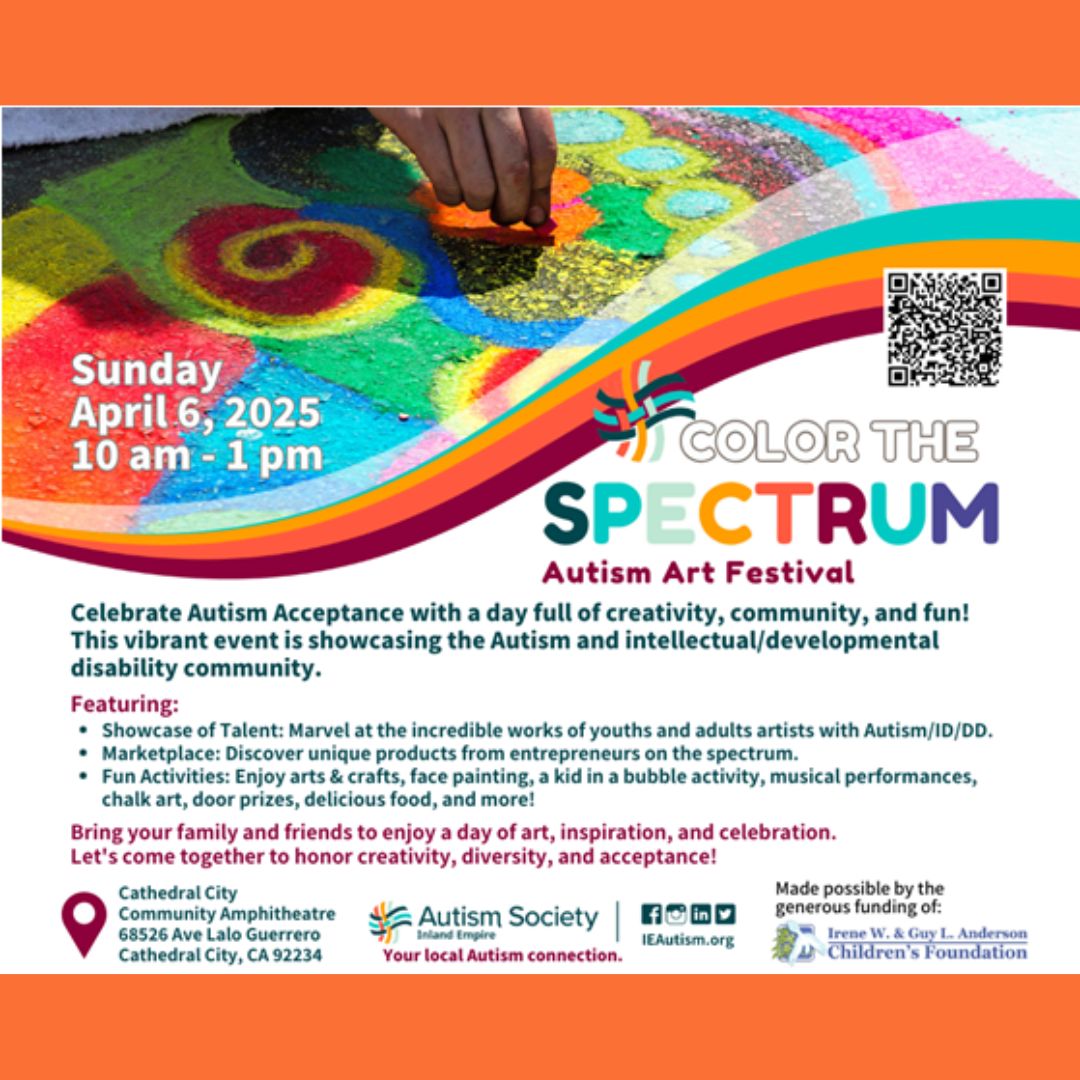EarlyStartFRN's tweet image. 🎨🌈 Join the Autism Society Inland Empire for their 2025 Color the Spectrum Autism Art Festival on April 6th, 10AM-1PM at 68526 Ave Lalo Guerrero, Cathedral City, CA! Celebrate art, music, &amp;amp; inclusion. Register now: buff.ly/La5O1Kj. #AutismAwareness #ColorTheSpectrum