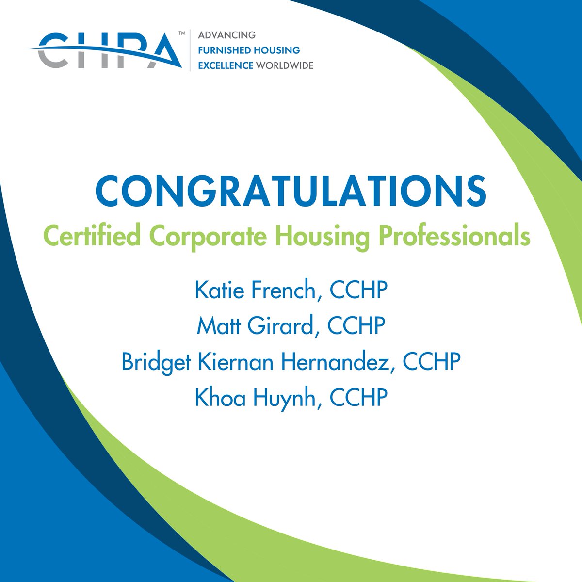Congratulations to our new Certified Corporate Housing Professionals! 

Apply today! The next testing window application deadline is April 2, 2025.

Learn more about the CCHP Certification here: chpaonline.org/cchp-certifica…

#CCHP #CorporateHousing