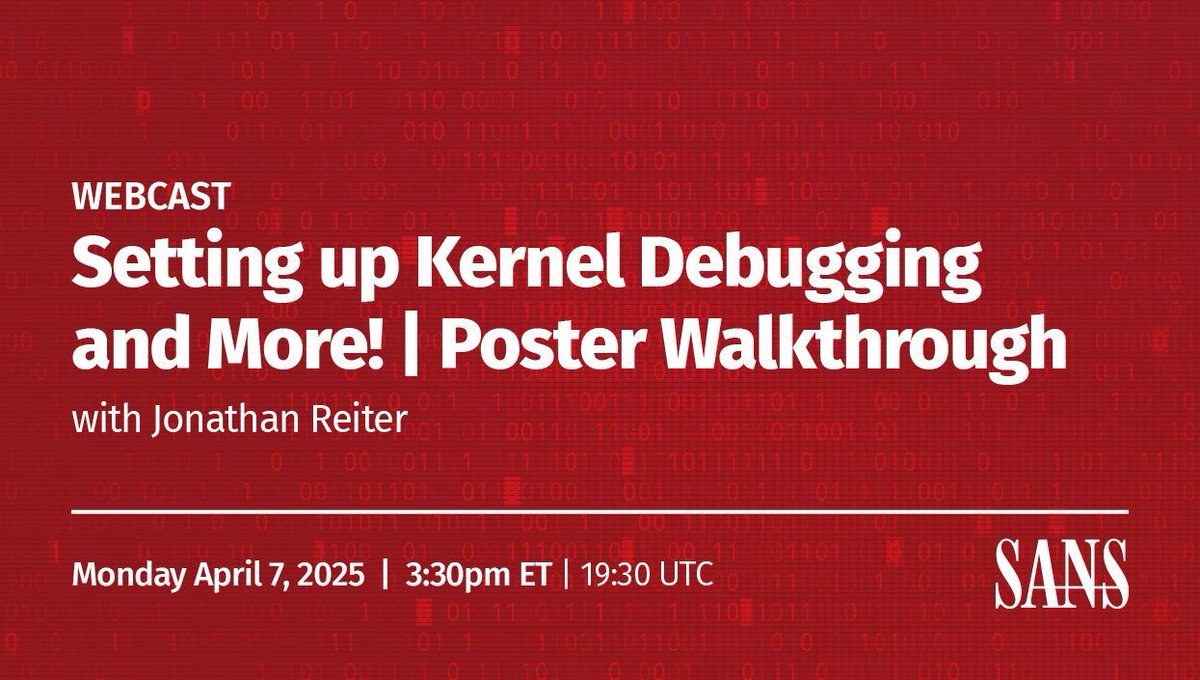 SANSOffensive's tweet image. Red teamers, Windows devs, and reverse engineers—this webcast is for you.
Join Jonathan Reiter on April 7 for a walkthrough of practical kernel debugging tips you can actually use.
📅 April 7 | 3:30 PM EDT
🔗 sans.org/u/1AJW
#RedTeam #KernelDebugging #WindowsInternals