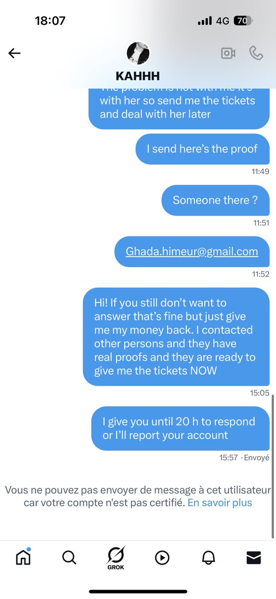 GhadaHimeur's tweet photo. Salut les gars, je voulais vous prévenir que cette personne m’a arnaqué pour le concert de TXT. Si elle essaye de vous vendre des billets, signalez là. Je lui ai envoyé l’argent et elle me répond plus depuis hier elle m’a bloqué ce matin. J’ai ni mes billets ni mon argent 🥺#TXT https://t.co/cTfH56vwlV