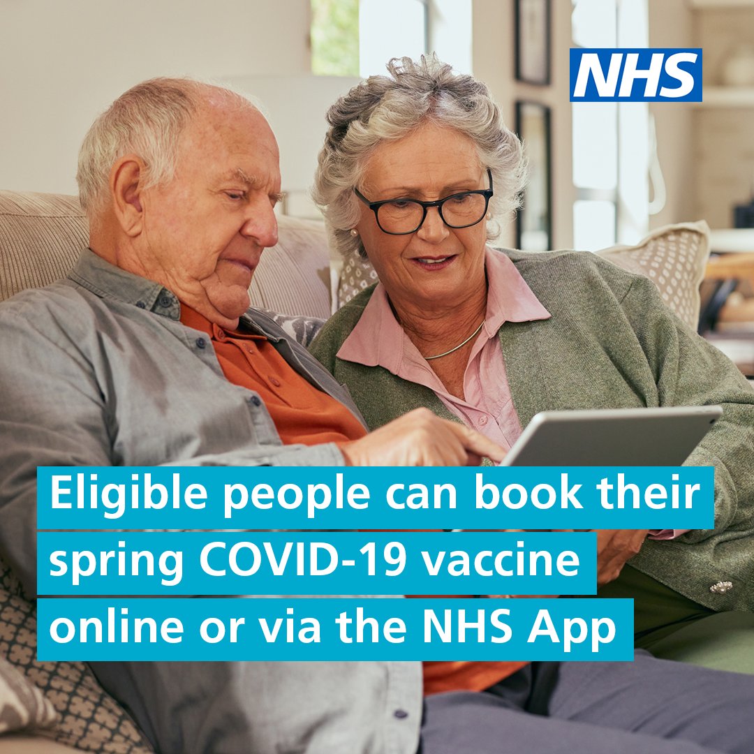 You can now book your spring COVID-19 vaccine online or via the NHS App if you are eligible.

Appointments will start from 1 April.

You don't need to wait to be invited. Find out more and book now at nhs.uk/book-vaccine