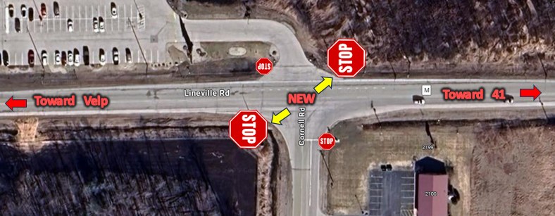 IMPORTANT NOTE: Due to traffic congestion to the west of the Velp/Lineville roundabout construction zone, a four-way stop is now at the intersection of the Urban Edge shopping center, Cornell Road, and both directions of Lineville Road. ALL traffic must stop at the intersection!