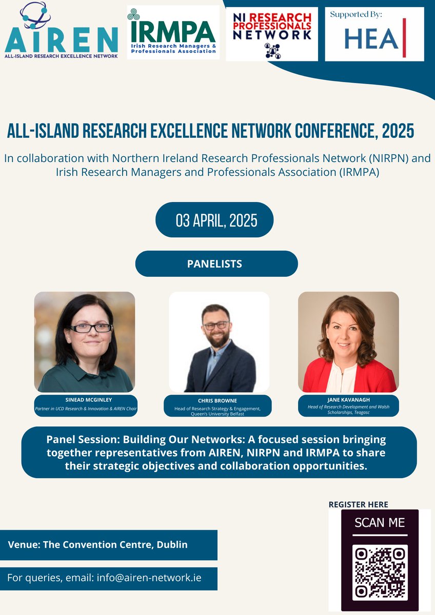 AirenNetwork's tweet image. 📣 Join the &quot;Building Our Networks&quot; panel with leaders from AIREN, NIRPN &amp;amp; IRMPA at #AIREN2025 Conference, April 3rd in Dublin!

Register: AIRENConference2025.eventbrite.com