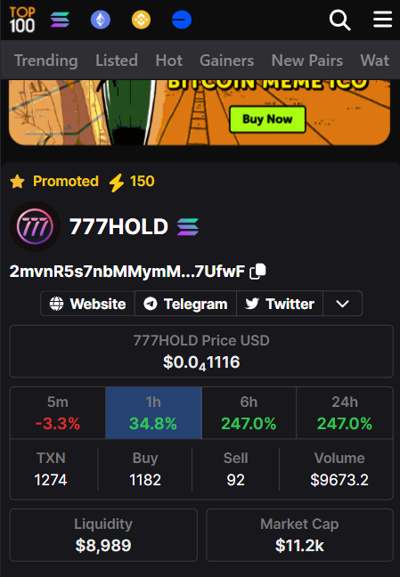 777HOLD's tweet photo. BIG NEWS! $777HOLD is now listed on Top100Token! 🔥  

We keep building. We keep winning. 

Hold. Earn SOL. Let’s send it to the moon! 

Check it out : https://t.co/SkNwjRSMOY https://t.co/Q0GOgHcOyP