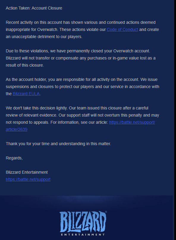 SpadetraOW's tweet photo. My main account got permanently banned for no reason. It happened when I was playing 6v6. Since it takes your open queue rank and I haven't been playing open queue after role queue was released, my rank has been reset to plat. I'm guessing people in plat thought I was cheating & mass reported me.

Even then the email blizzard sent me doesn't say the reason I got banned because I was cheating. Doesn't even say anything at all.

After sending a ticket, their response was the same as the mail, nothing.

I have had the account since the release of Overwatch, which is almost 10 years ago. I don't remember being silenced or suspended even once.

There cannot be a single reason for you to permanently suspend my account. I have a lot of people that can vouch for me. So, help me get my account back.

Spadetra#2241

@BlizzardCS @BlizzardCSEU_EN