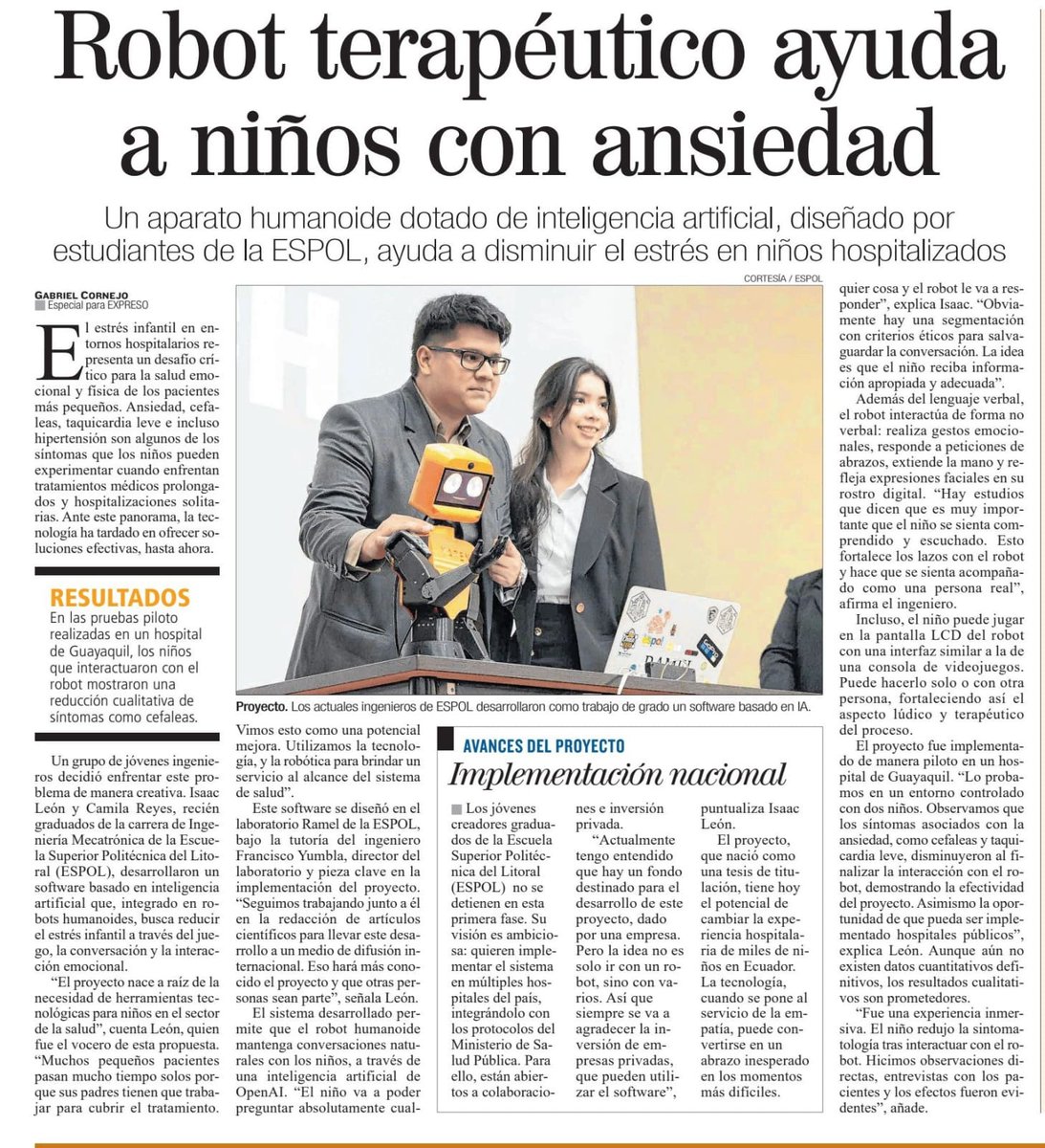 #ESPOLenlasNoticias

Con el propósito de reducir el estrés infantil en niños hospitalizados, dos estudiantes de la carrera de mecatrónica crearon a Bobby, un robot terapéutico implementado con inteligencia artificial que, a través de juegos, conversación y la interacción