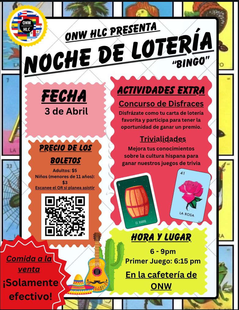 Join us Thursday night, April 3rd, as we host our Loteria “bingo” Night. Scan the QR or use the link down below if you plan on attending.

docs.google.com/forms/d/e/1FAI…