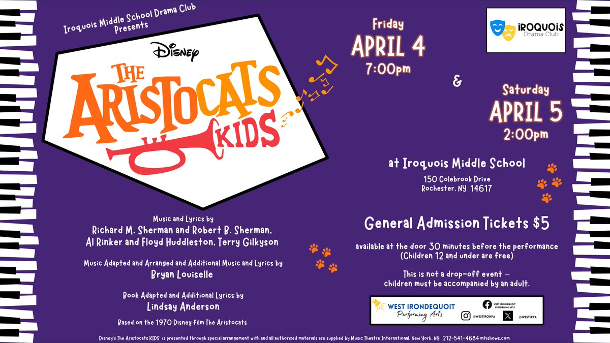 THIS WEEKEND! The Iroquois Middle School Drama Club presents "The Aristocats" (Kids)! Shows are 7 p.m. this Friday and 2 p.m. Saturday at Iroquois. Buy advance tickets via this link: CUR8 - Aristocats Kids cur8.com/1823/project/1…

<a href="/WestIrPA/">West Irondequoit Performing Arts</a>