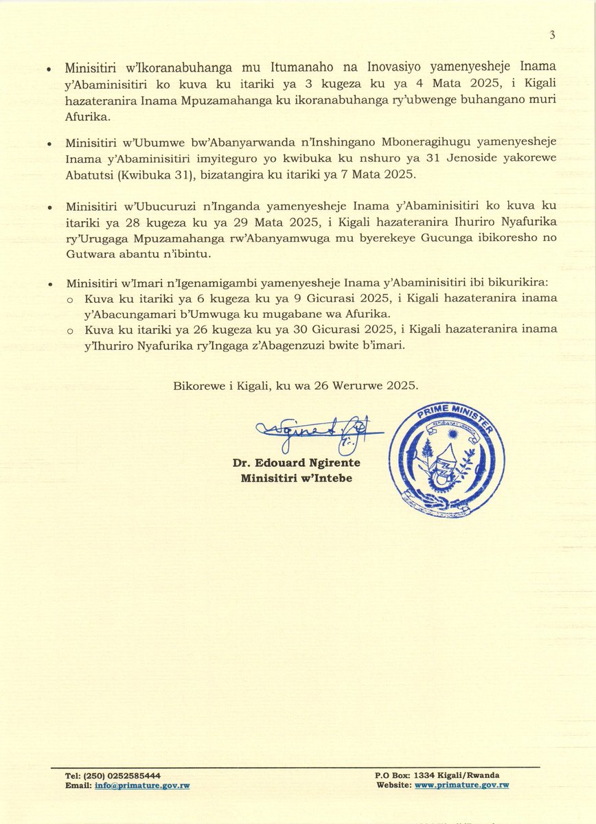 Itangazo ry'Ibyemezo by'Inama y'Abaminisitiri yo ku wa 26 Werurwe 2025
