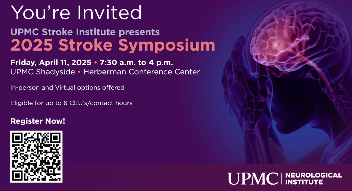 PittStroke's tweet photo. Please join us in person or online for the UPMC Stroke Symposium April 11 @AlAlBayati1 @Matt_StarrMD @Nirav_r_bhatt @CynthiaKenmuir @OrtolaniElissa @RaulNogueiraMD https://t.co/tkjn0YdlC0