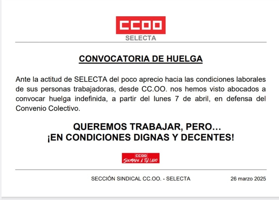 Hoy <a href="/ComercioCCOO/">Comercio Servicios CCOO</a> convoca a todas las personas trabajadoras de <a href="/Selecta_spain/">Selecta España</a> a que ejerzan su derecho a HUELGA a partir del 7 de abril. 

¡POR UN CONVENIO DIGNO!