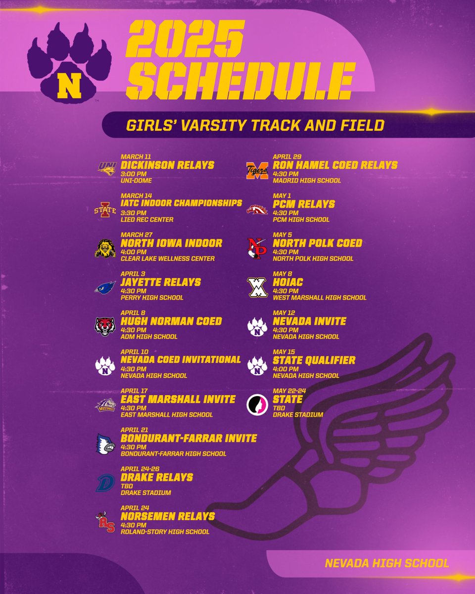 Here is your 2025 Girls' Track
and Field Schedule! #NevadaCubPride #TeamCubs