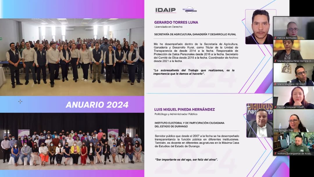 📢 El #IDAIP reconoce labor de las Unidades de Transparencia en Durango.
🎖️ En un evento virtual, se presentó el Anuario 2024 para destacar su esfuerzo y compromiso.
🔗 Consulta el documento aquí: 
idaip.org.mx/archivos/Anuar…

#Transparencia #Reconocimiento #20AñosdeServirADurango