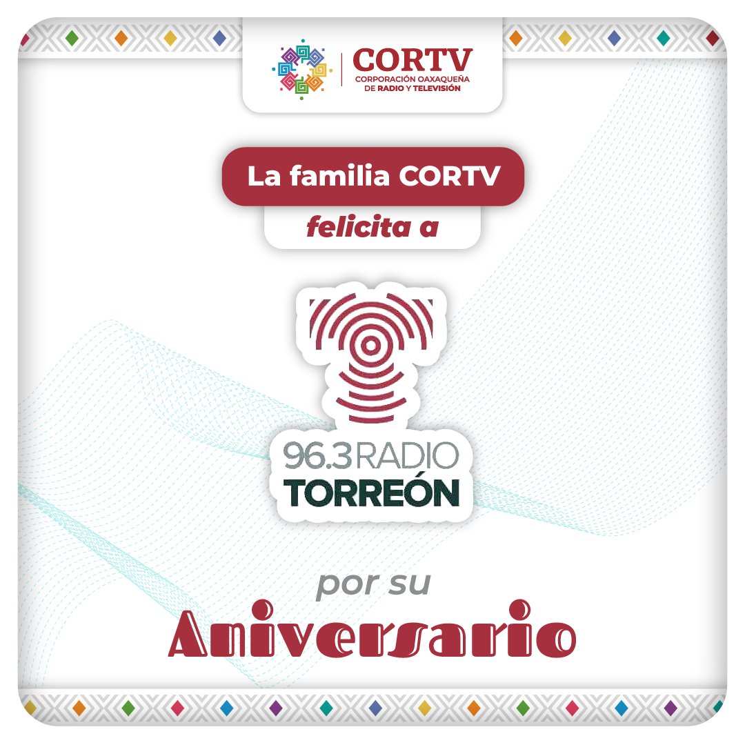 CORTV (@cortv) on Twitter photo ¡Felicidades, <a href="/RadioTorreonFM/">Radio Torreón 96.3 FM</a>! 🎉📻 Celebramos su dedicación para llevar información, cultura y buena música a la comunidad. ¡Que sigan los éxitos y muchos años más de radio con identidad! 🎙️✨ ¡Felicidades, <a href="/RadioTorreonFM/">Radio Torreón 96.3 FM</a>! 🎉📻 Celebramos su dedicación para llevar información, cultura y buena música a la comunidad. ¡Que sigan los éxitos y muchos años más de radio con identidad! 🎙️✨