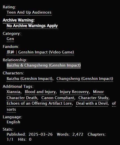Echoes of Sacrifice
#GenshinImpact #Baizhu 

A what-if scenario explaining the origin of "Way of the Dragon-Dragging Jade Snake".

※ R-15, gen, blood/injury 
archiveofourown.org/works/64178572

Written for <a href="/baizhuszine/">Transcending Transience: A Baizhu Zine</a> 

🛒 Leftovers open ⬇️
x.com/baizhuszine/st…