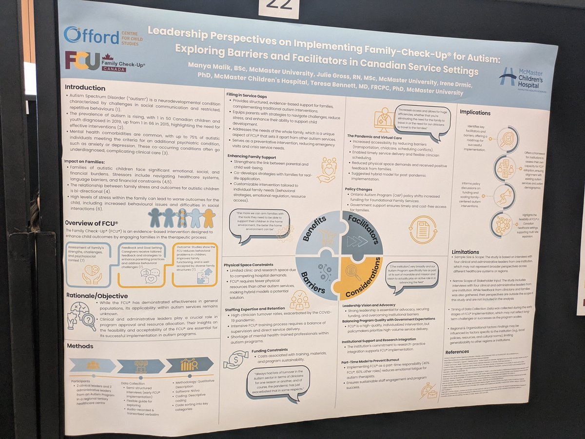 McMaster Autism Research Team (@mac_autism) on Twitter photo ⚡️ Next, a poster titled "Leadership Perspectives on Implementing Family Check-Up for Autism: Exploring Barriers and Facilitators in Canadian Service Settings", involving MacART members Drs. Irene Drmic & <a href="/terry_a_bennett/">Teresa Bennett</a>!
🤝 Thanks also to <a href="/OffordCentre/">The Offord Centre for Child Studies</a> & <a href="/mch_childrens/">McMaster Children's Hospital</a>! ⚡️ Next, a poster titled "Leadership Perspectives on Implementing Family Check-Up for Autism: Exploring Barriers and Facilitators in Canadian Service Settings", involving MacART members Drs. Irene Drmic & <a href="/terry_a_bennett/">Teresa Bennett</a>!
🤝 Thanks also to <a href="/OffordCentre/">The Offord Centre for Child Studies</a> & <a href="/mch_childrens/">McMaster Children's Hospital</a>!