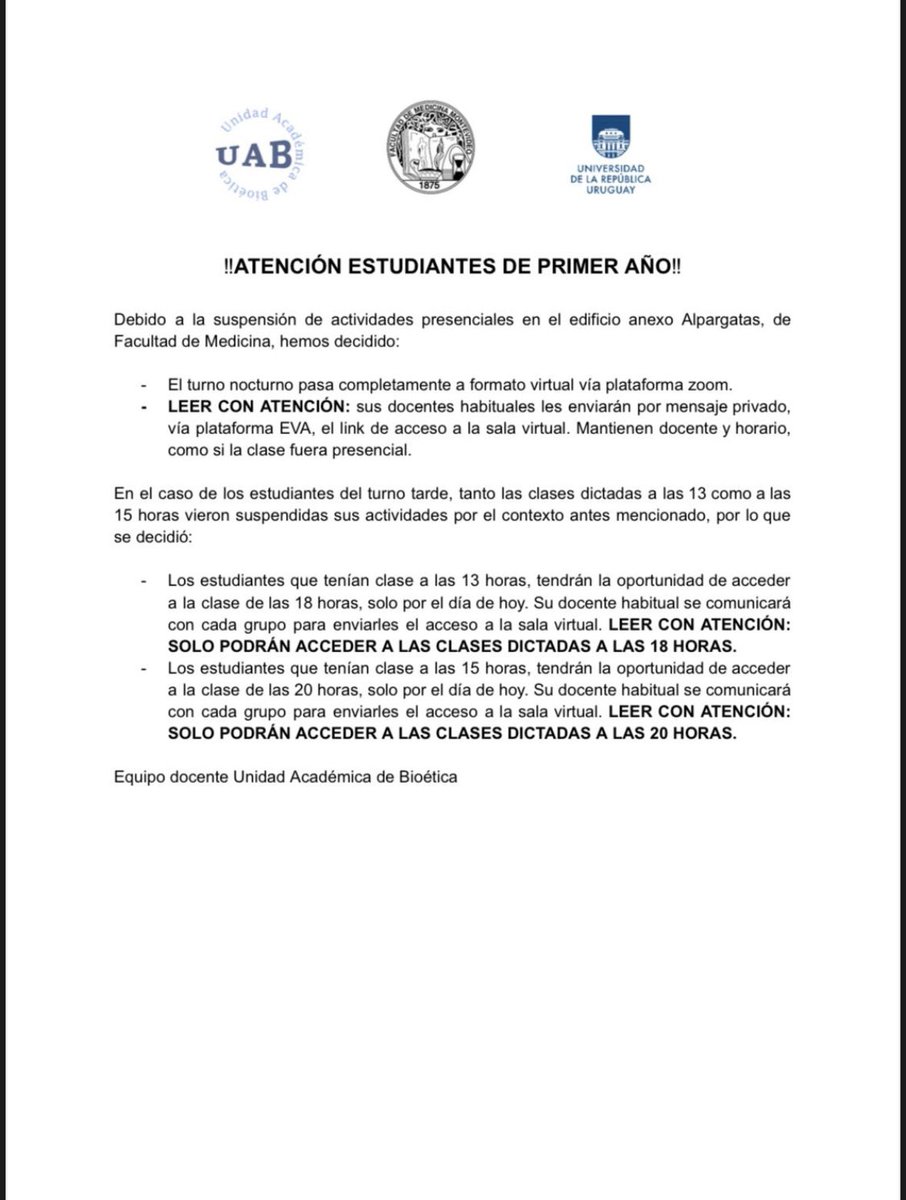 Mensaje para estudiantes de primer año de la Facultad de Medicina UdelaR, afectados por los hechos de público conocimiento vinculados a amenazas de atentado en las instalaciones de la Facultad, que dieron lugar a la suspensión de las actividades.  

👇🏼👇🏼👇🏼👇🏼👇🏼👇🏼👇🏼👇🏼👇🏼