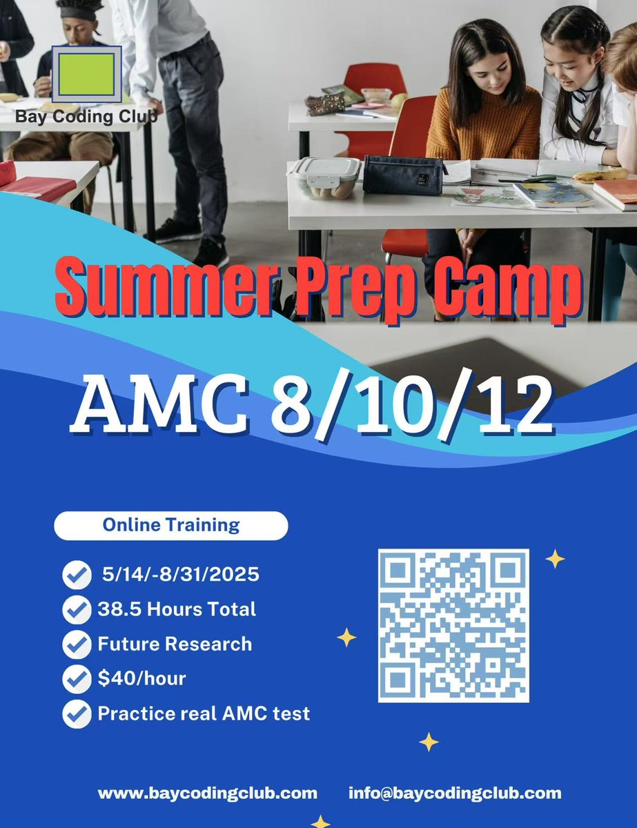 coding_bay's tweet image. 🎯 Crush AMC 8/10/12 this summer! 💡
Dream of excelling in math comps? Our Summer Prep Camp has you covered:
👩🏫 Top Instructors
📝 Real AMC Test Practice
📅 5/14-8/31, 2025
💰sign up: baycodingclub.com/product/amc8-1…
Let’s make this summer count! 
#MathCamp #AMCPrep #MathleteTraining