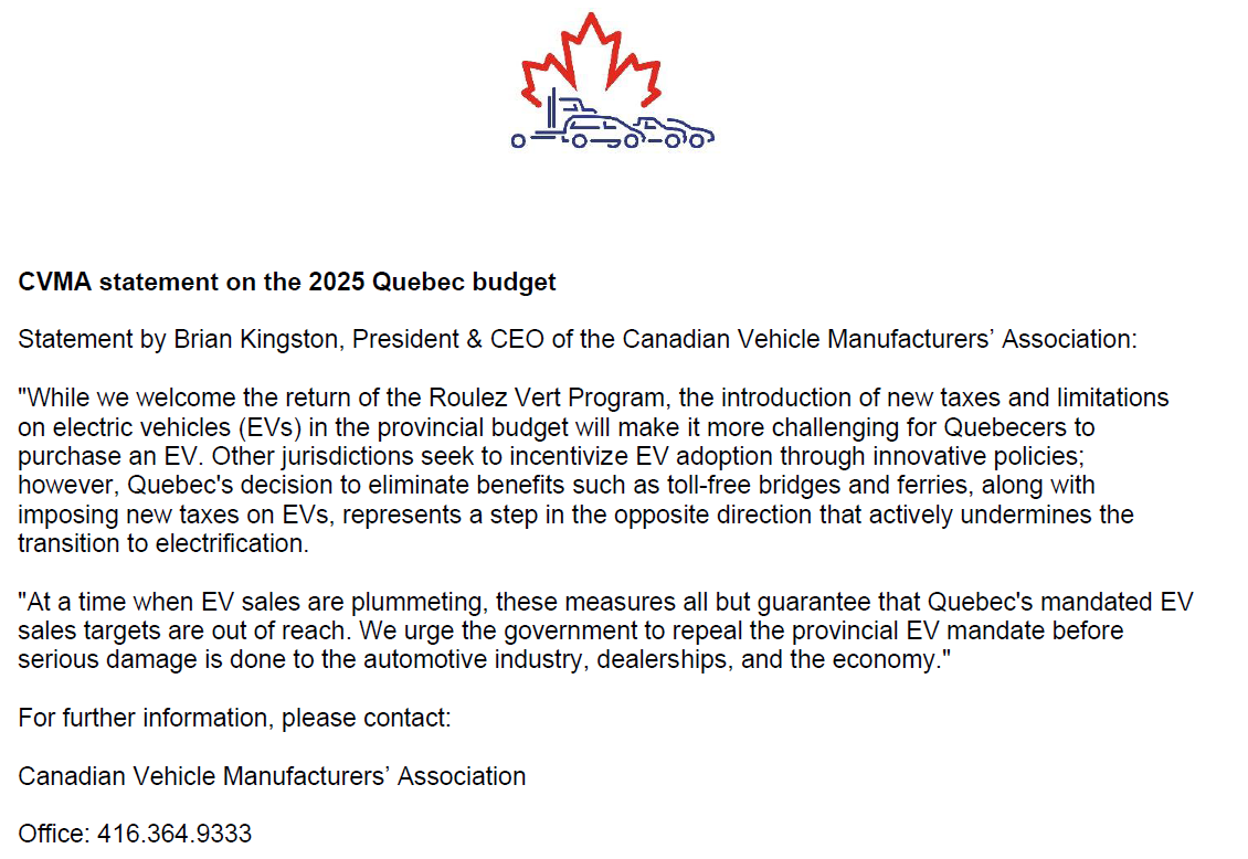 cvma_ca's tweet image. Statement by Brian Kingston, President &amp;amp; CEO of the Canadian Vehicle Manufacturers’ Association, on Quebec budget 2025: