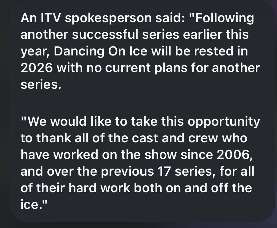 Dancing On Ice Epic (@doiepic) on Twitter photo So unfortunately guys <a href="/dancingonice/">Dancing on Ice</a> is being rested and will not return in 2026. No plans for another series
It is a shame and I would like to take this opportunity to thank everyone who has been part of this twitter account since 2018
You have been amazing
#dancingonice So unfortunately guys <a href="/dancingonice/">Dancing on Ice</a> is being rested and will not return in 2026. No plans for another series
It is a shame and I would like to take this opportunity to thank everyone who has been part of this twitter account since 2018
You have been amazing
#dancingonice