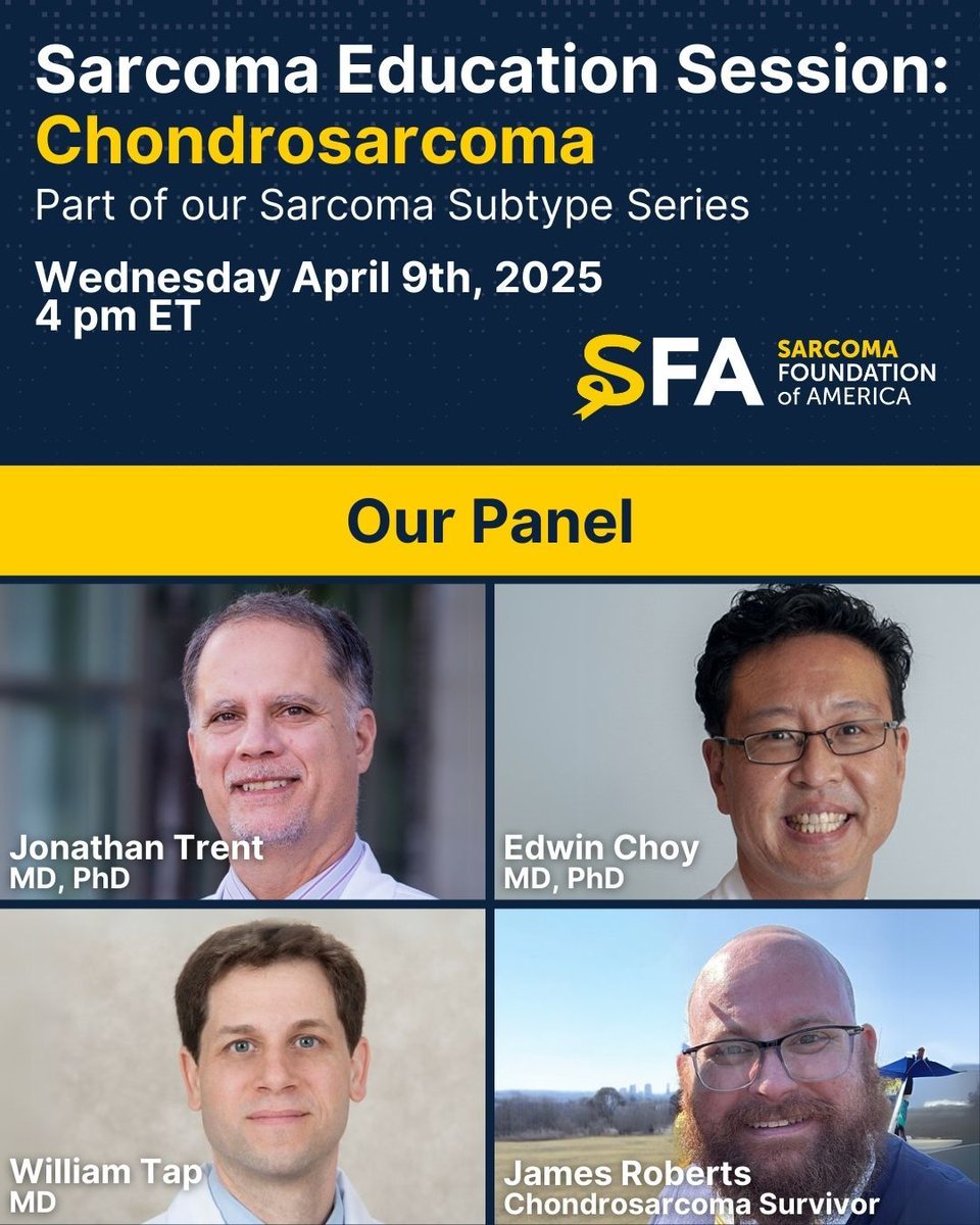 Join us for an important webinar on April 9 featuring leading experts and a #sarcoma survivor sharing insights on chondrosarcoma research, treatment, and patient perspectives. This session is a great opportunity to learn, ask questions, and connect with others. #CureSarcoma