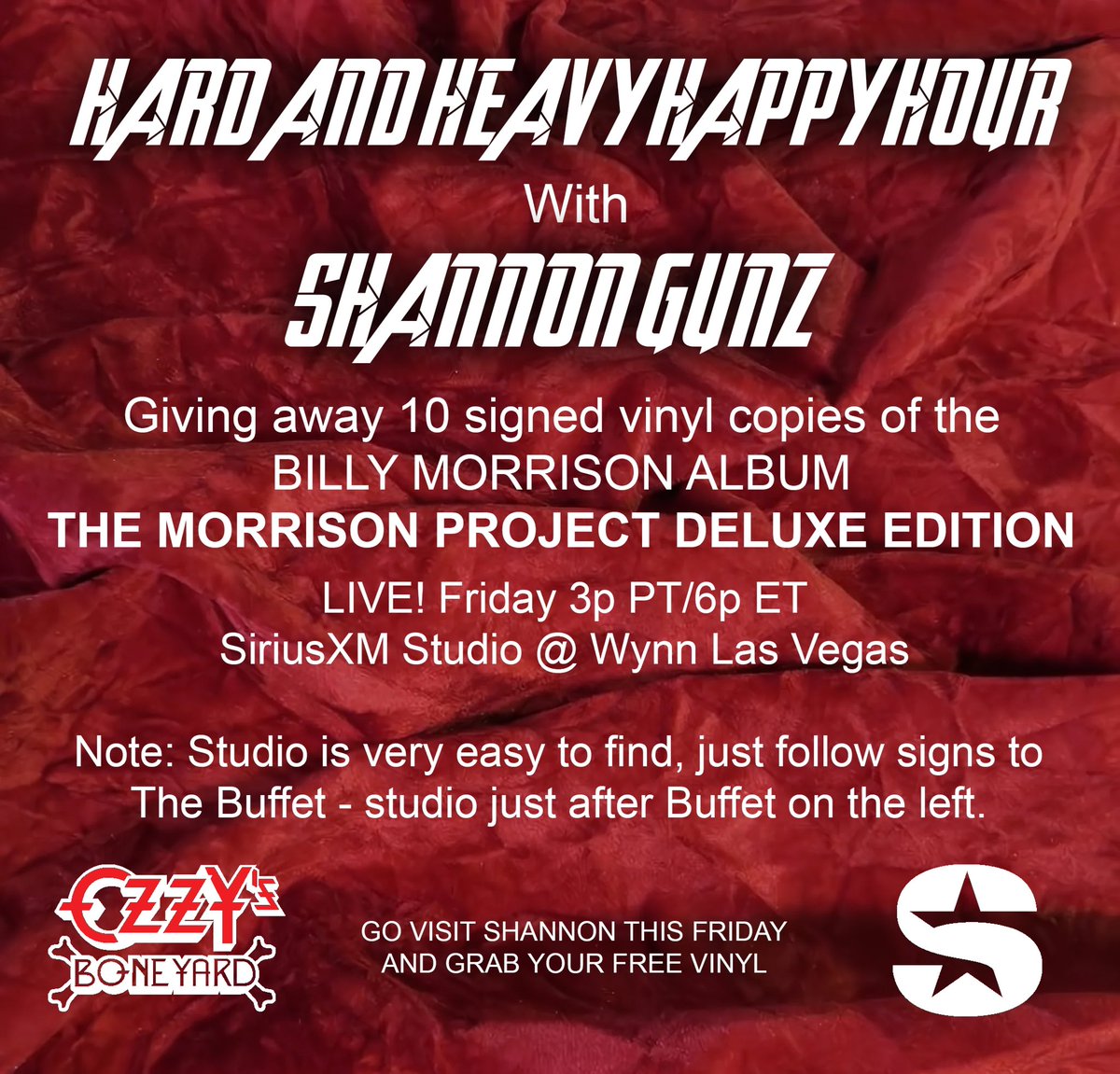 BILLY MORRISON (@billymorrison) on Twitter photo MORE GIVEAWAYS!! <a href="/shannongunz/">Shannon Gunz</a> has just a few physical signed double vinyl copies of THE MORRISON PROJECT DELUXE EDITION album that she will be giving away at the <a href="/WynnLasVegas/">Wynn Las Vegas</a> <a href="/SIRIUSXM/">SiriusXM</a> <a href="/OzzysBoneyard/">Ozzy's Boneyard</a> studios live on Friday afternoon. Go see her, I’ll be calling in!! MORE GIVEAWAYS!! <a href="/shannongunz/">Shannon Gunz</a> has just a few physical signed double vinyl copies of THE MORRISON PROJECT DELUXE EDITION album that she will be giving away at the <a href="/WynnLasVegas/">Wynn Las Vegas</a> <a href="/SIRIUSXM/">SiriusXM</a> <a href="/OzzysBoneyard/">Ozzy's Boneyard</a> studios live on Friday afternoon. Go see her, I’ll be calling in!!