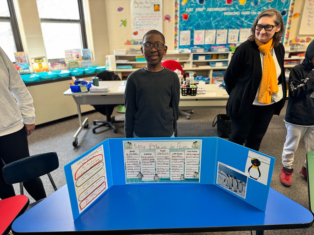 CCSD93's tweet photo. 3rd–5th graders in Western Trails’ Specialized Academic Classroom showcased their penguin research today, presenting poster boards and answering questions about the unique flightless birds from peers, parents, and staff who stopped by to learn and celebrate these young scholars! https://t.co/Vn7Pj7yBTQ