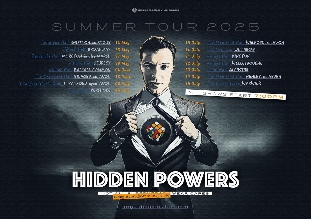 AngusBaskervil1's tweet image. 🎩✨ The Summer Tour is ON! ✨🎩
Book your spot now: angusbaskerville.com/upcomingshows
Excited to be going on my first solo tour of 2025.
Get ready to experience the impossible!
#HiddenPowersTour #MagicShow #MindReading #SummerTour #LiveShow #Magic #Illusions #MindBlown #TourLife