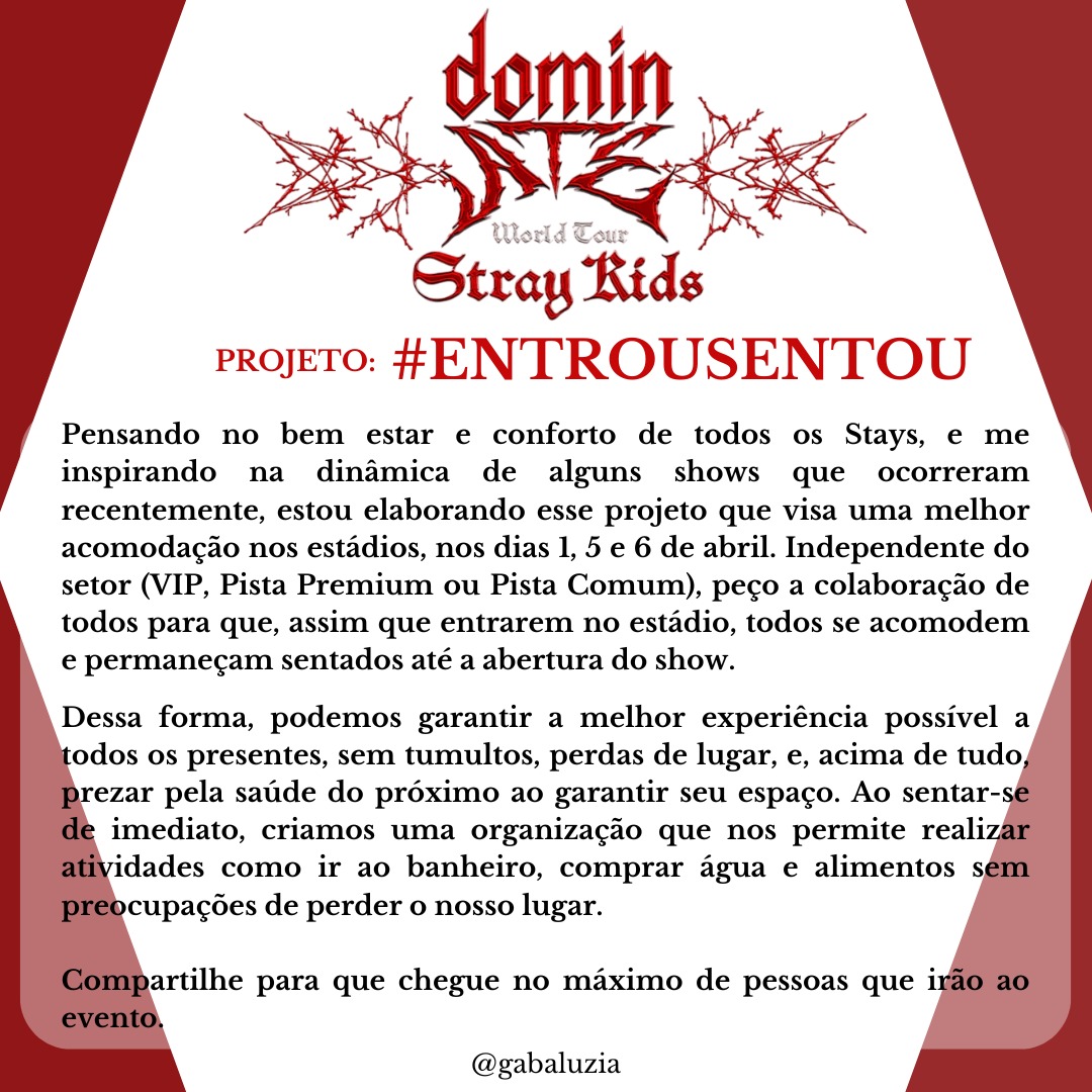 gabaluzia's tweet image. Stray Kids DominAte World Tour - Brasil
Projeto #ENTROUSENTOU

Compartilhem para que alcance o máximo de pessoas possível!