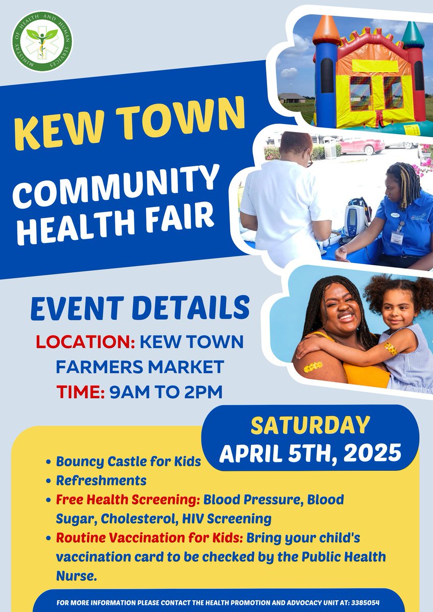 𝗞𝗘𝗪 𝗧𝗢𝗪𝗡 𝗖𝗢𝗠𝗠𝗨𝗡𝗜𝗧𝗬 𝗛𝗘𝗔𝗟𝗧𝗛 𝗙𝗔𝗜𝗥

Location: Kew Town Farmers Market  
Date: April 5th  
Time: 9am-2pm  

For more information, please contact the Health Promotion and Advocacy Unit at 338-5054.