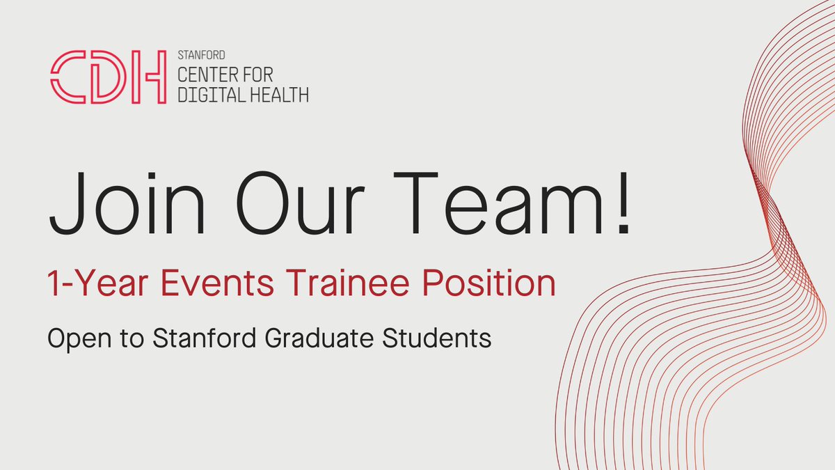 Stanford Center for Digital Health (@stanfordcdh) on Twitter photo #StanfordCDH seeks a graduate student for a 1-Year Events Trainee position to coordinate symposiums, workshops & other digital health events. This is an unpaid position but offers great opportunities. Apply with CV & cover letter to digitalhealth@stanford.edu by April 11. #StanfordCDH seeks a graduate student for a 1-Year Events Trainee position to coordinate symposiums, workshops & other digital health events. This is an unpaid position but offers great opportunities. Apply with CV & cover letter to digitalhealth@stanford.edu by April 11.