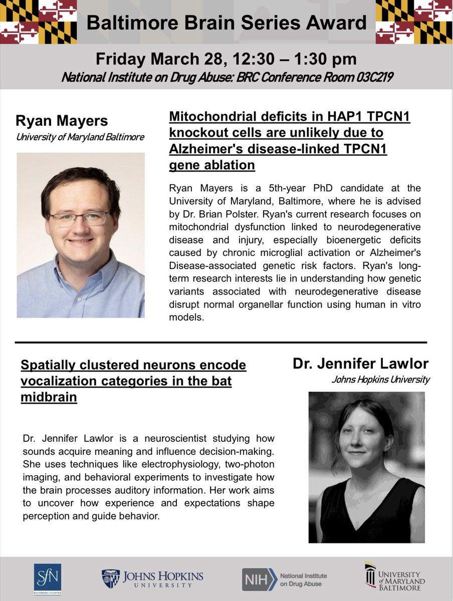 BaltimoreBrainSeries (@bmorebrainy) on Twitter photo Join us this Friday from 12:30-1:30 at NIDA for the first Baltimore Brain Series seminar of Spring 2025! Awardees Dr. Jennifer Lawlor from JHU and Ryan Mayers from UMB will present their groundbreaking work. This seminar is in-person only! Join us this Friday from 12:30-1:30 at NIDA for the first Baltimore Brain Series seminar of Spring 2025! Awardees Dr. Jennifer Lawlor from JHU and Ryan Mayers from UMB will present their groundbreaking work. This seminar is in-person only!