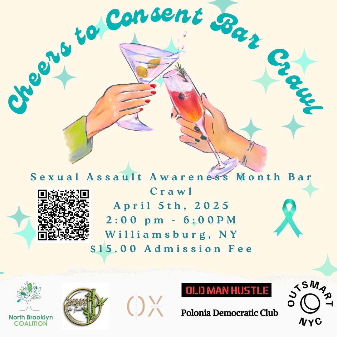NBCAFV's tweet image. Good vibes, great drinks &amp;amp; a night that centers consent! 🍻 #cheers

Join us for Cheers to Consent on April 5th with @outsmartnyc to support safer nightlife &amp;amp; SAAM. 💙💜 
This isn’t just any bar crawl; it’s a fundraiser! Grab your ticket &amp;amp; bring your crew: eventbrite.com/e/cheers-to-co…