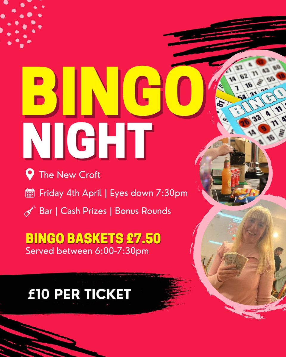 ✋ BINGO NIGHT | Tickets are now available for our next bingo night. Come &amp; join us for a fun evening with cash prizes to be won!

📌 The New Croft, Haverhill, CB9 0BW
⏱  6pm Doors open | Eyes down 7:30pm
📅  Fri 4th April'25

Tickets: ow.ly/Ul9150Uw0LW