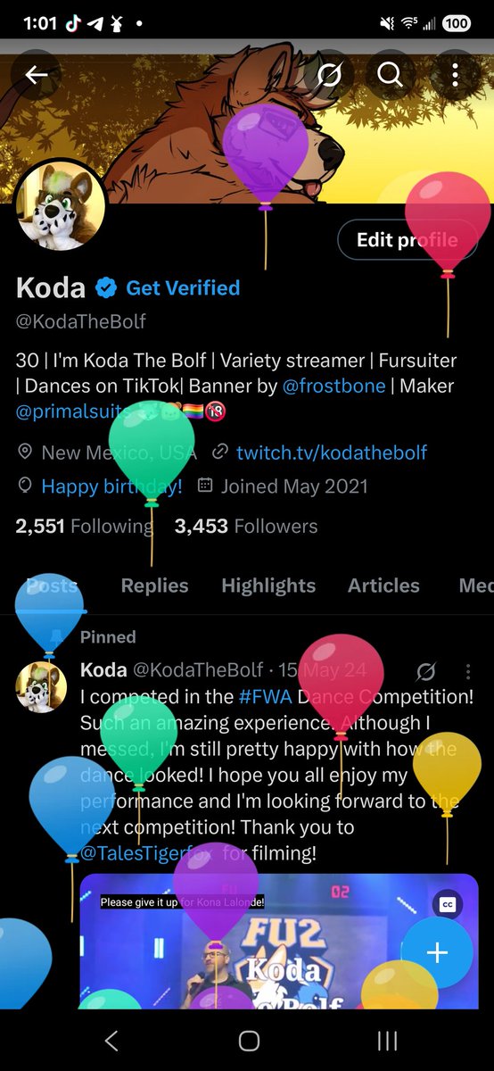 Ahh! The balloons attack again! Hopefully 31 will treat me decently :3 #kodathebolf #birthday #furry