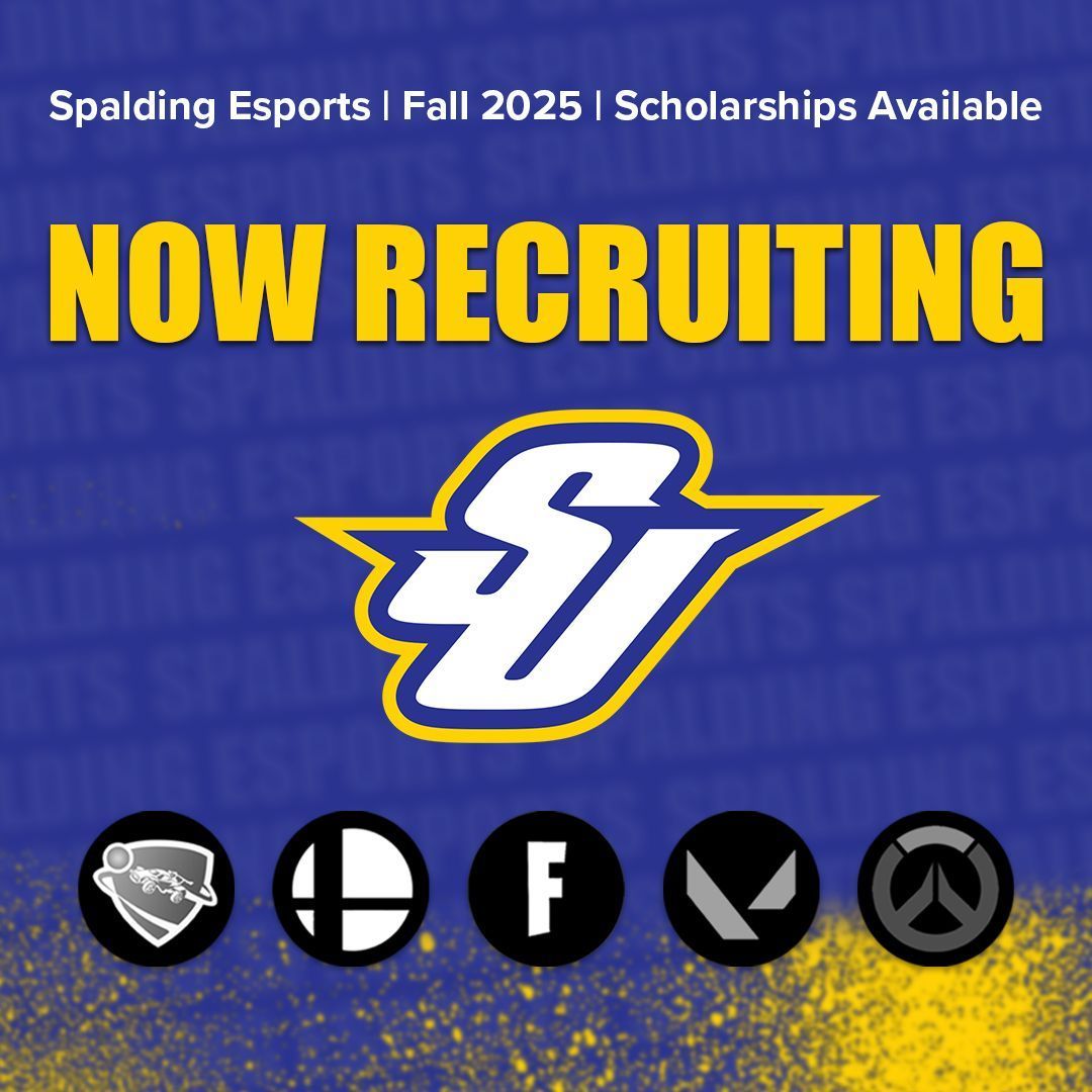 Spalding Esports is now recruiting for Fall 2025 and beyond! 

We are recruiting for: Fortnite, Smash Bros, Valorant, Rocket League, and Overwatch. 

For more informatio,n send us a DM or fill out our recruit form here: apply.spalding.edu/register/Espor…